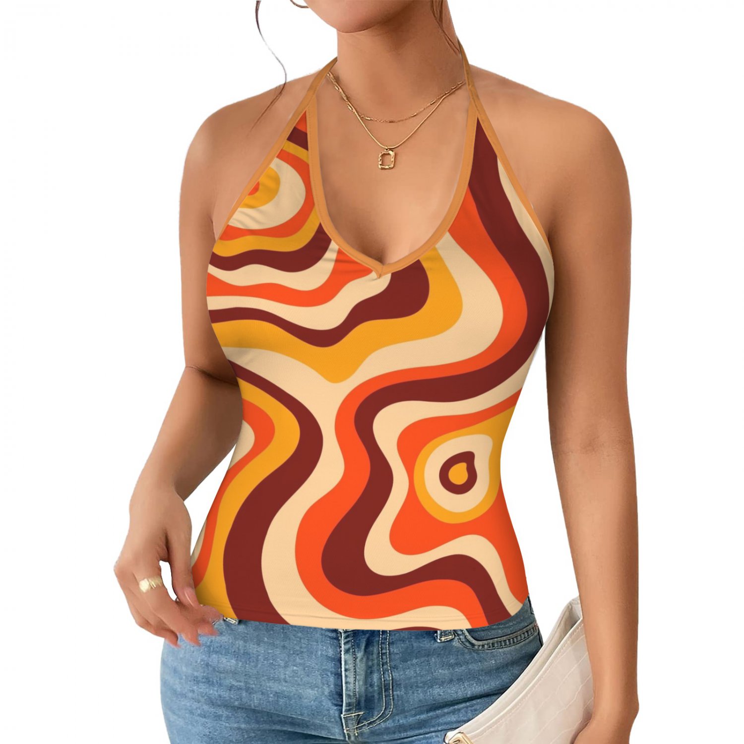 70s Groovy Vibes Retro V-neck Halter Open Back Tank Top (Size 2XS - 2XL)