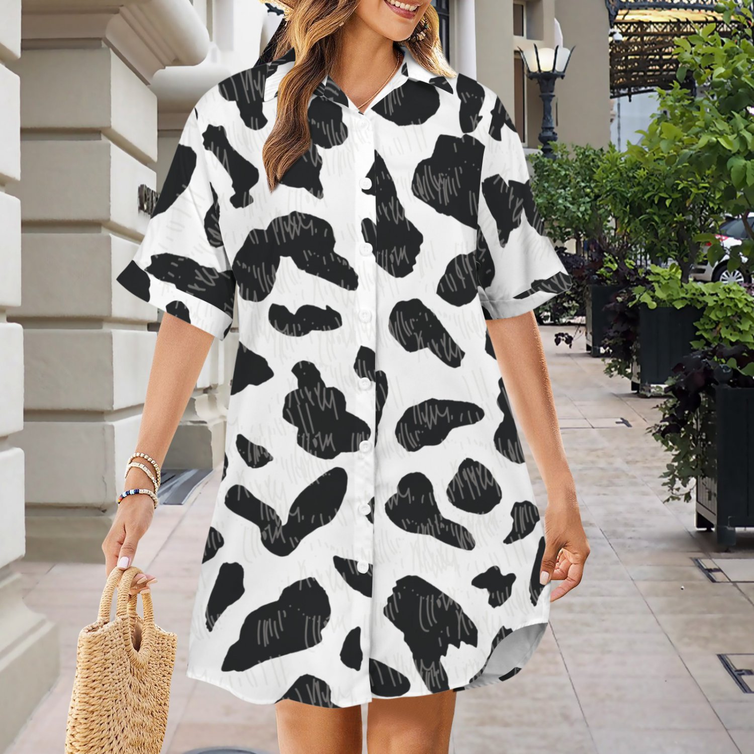 Cow Dairy Pattern Button Front Shirt Dress (Size XS - 5XL)