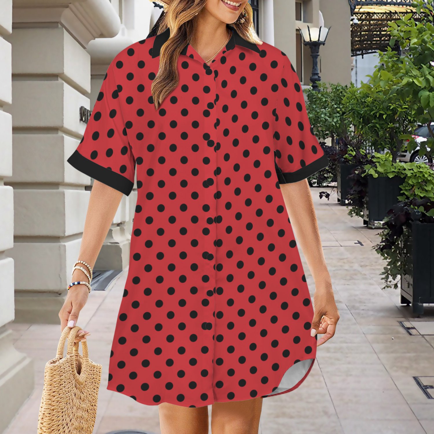 Red Polka Dot Black Tone Button Front Shirt Dress (Size XS - 5XL)