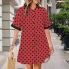 Red Polka Dot Black Tone Button Front Shirt Dress (Size XS - 5XL)