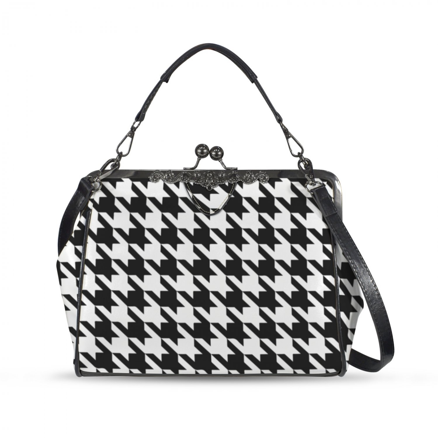 Black White Houndstooth Kisslock Crossbody Shoulder Bag
