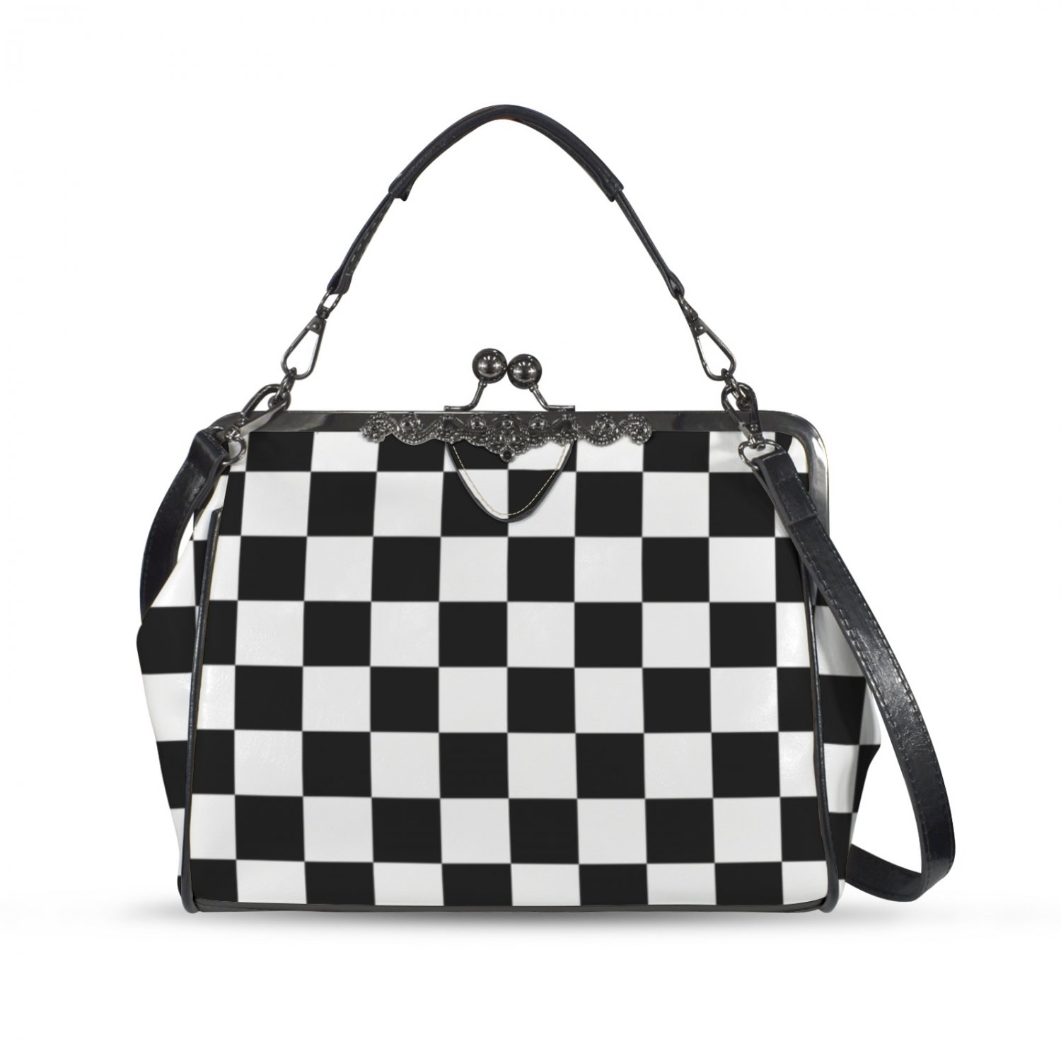 Checkered Black and White Kisslock Crossbody Shoulder Bag