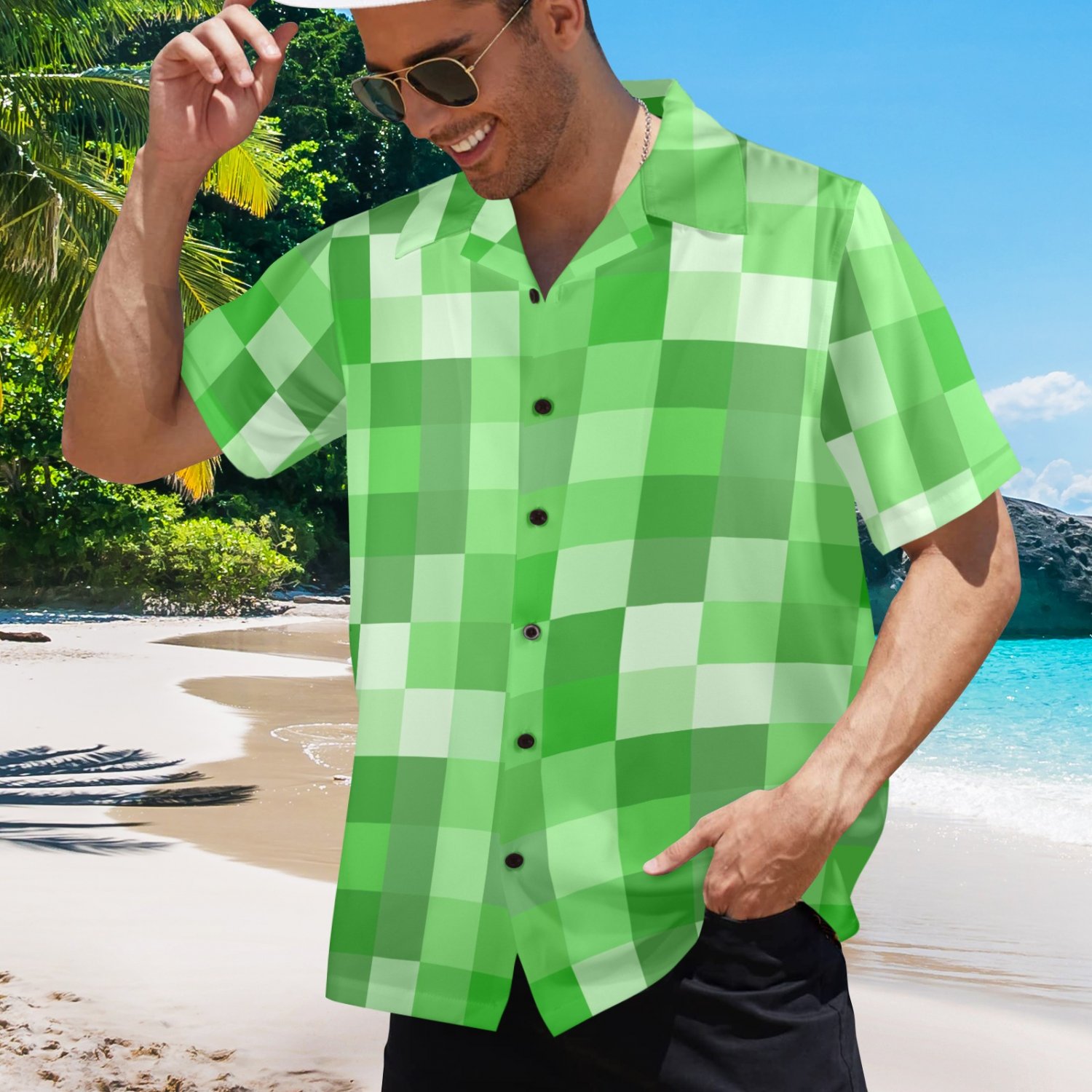 Men's Game Inspired Green Pixel Hawaiian Shirt (Size S-5XL)