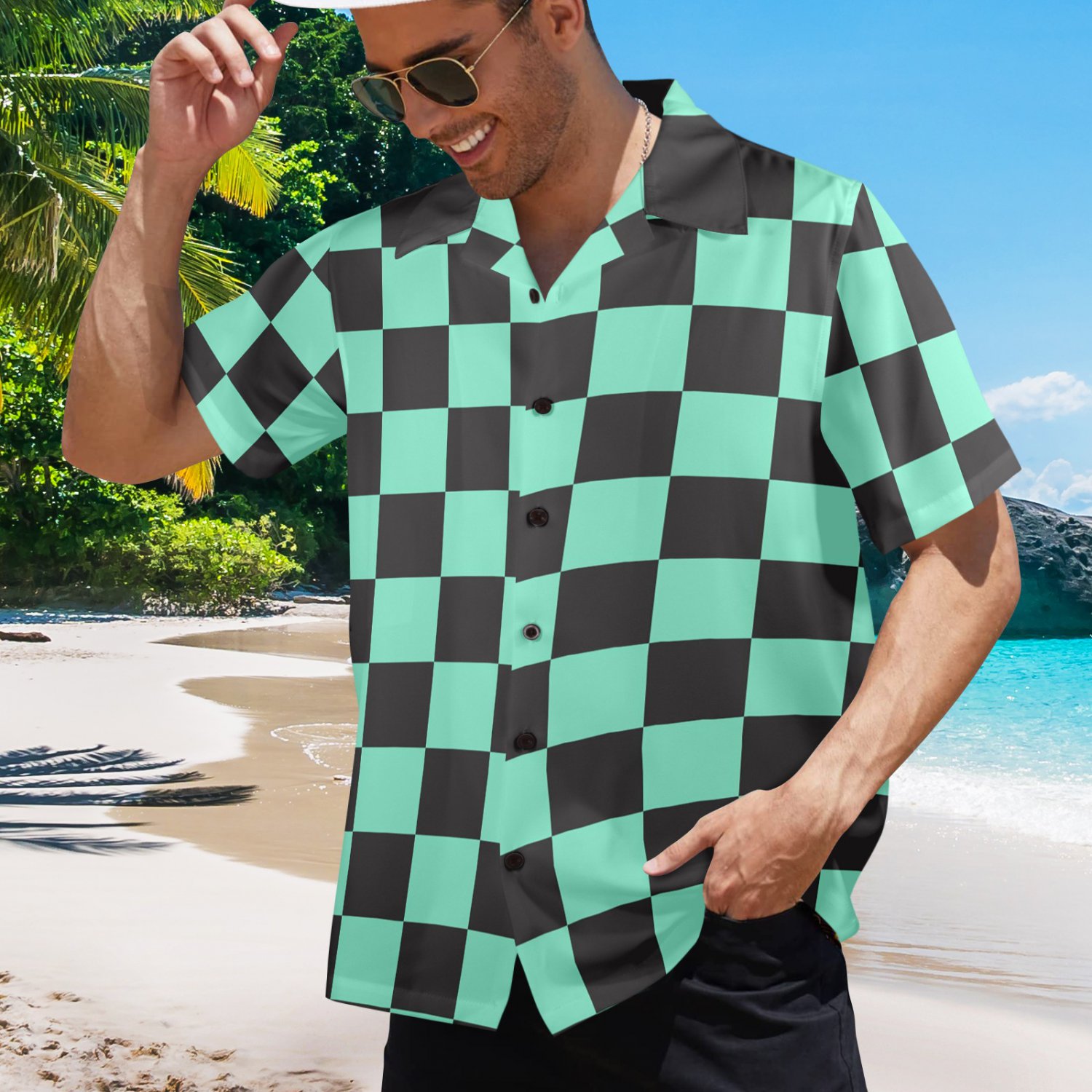 Men's Anime Inspired Black Green Checkerboard Hawaiian Shirt (Size S-5XL)