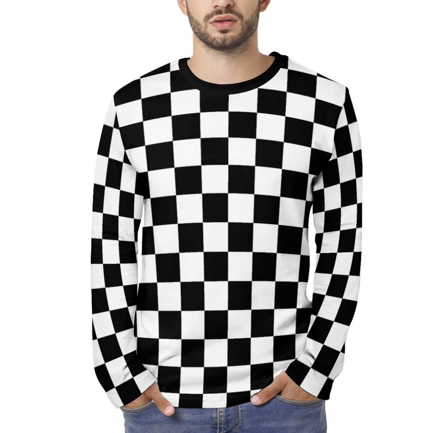 Black White Checkerboard Long Sleeve Cotton T-shirt (Size S - 5XL)
