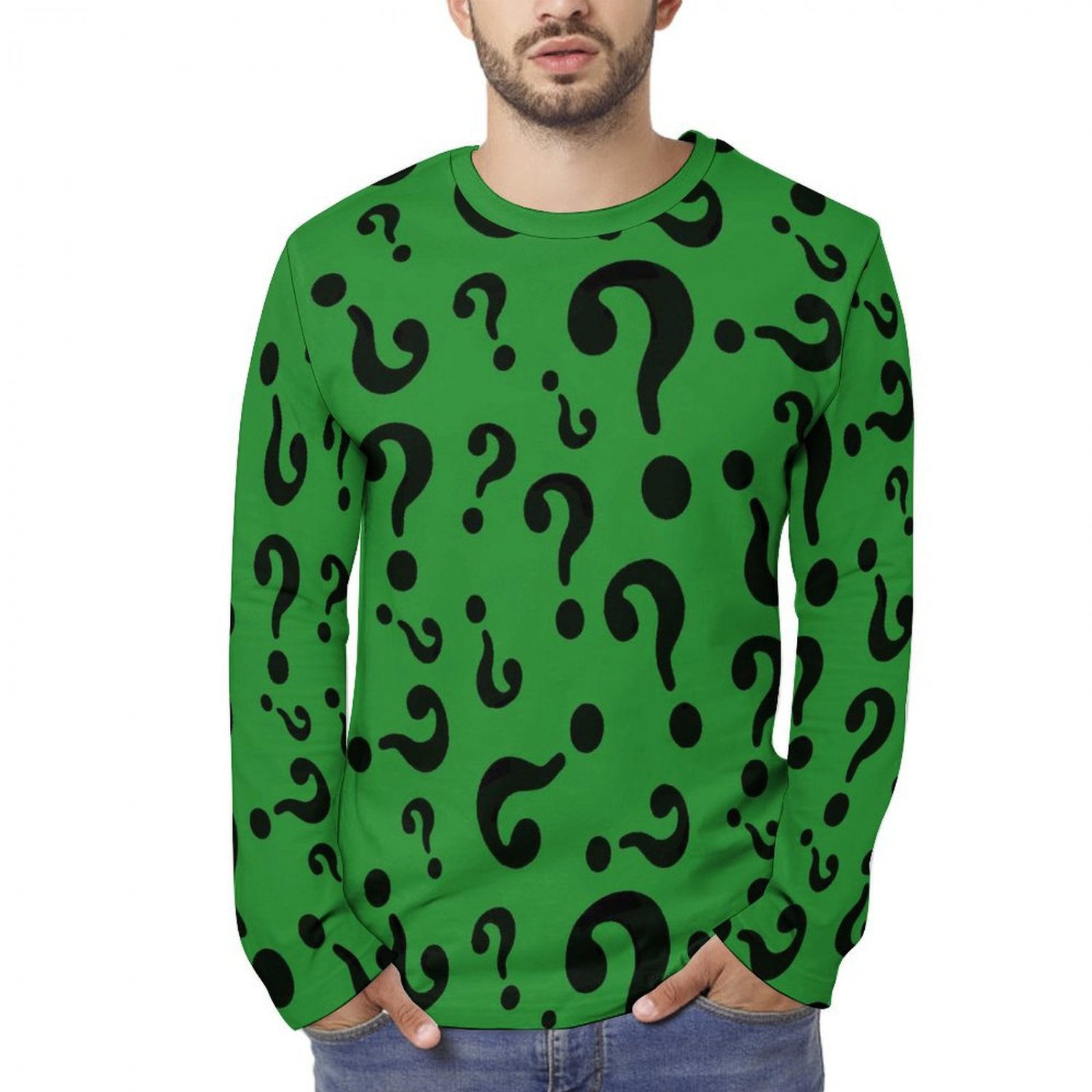 Green Riddler Questions Long Sleeve Cotton T-shirt (Size S - 5XL)
