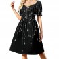 Woman Black Falling Stars Sweetheart Neck Puff Sleeve Dress (Size 2XS to 6XL)