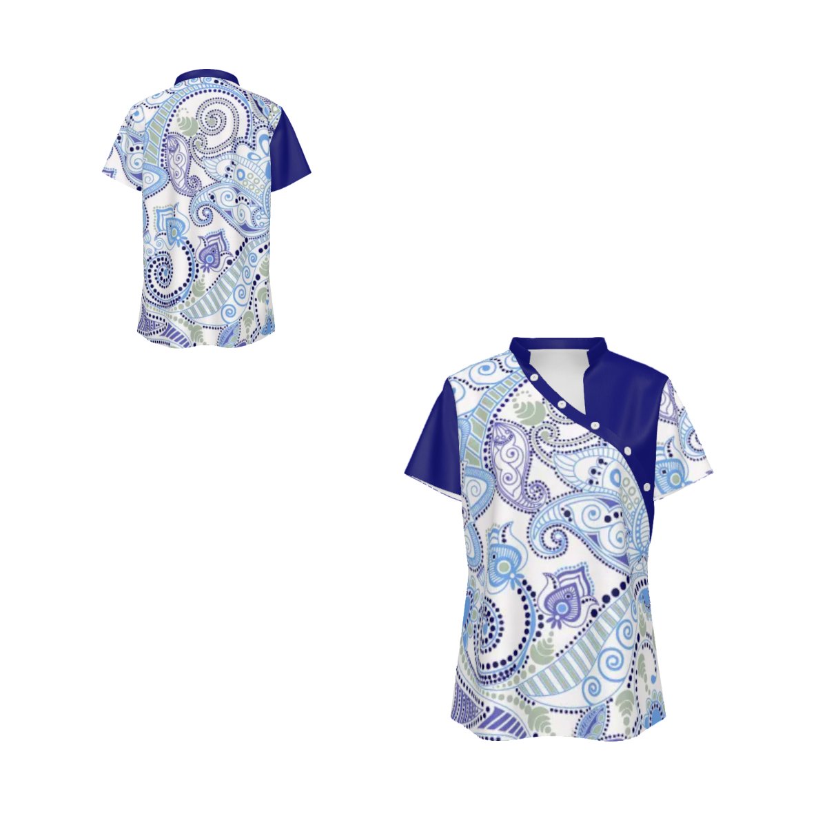 Woman's Azure Paisley Elegance Asymmetrical V-Neck Button Tee