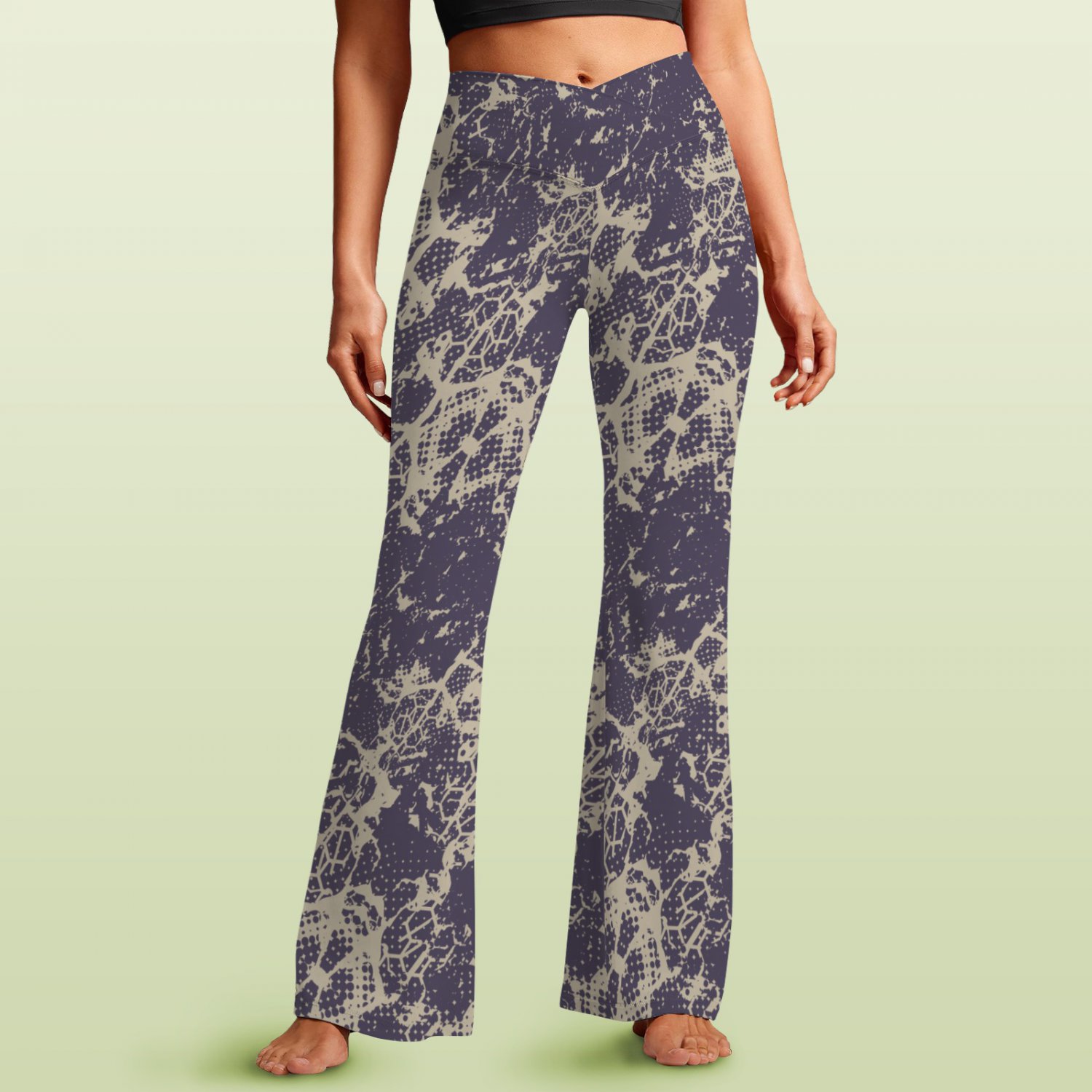Women's V-Crossover High Waisted Flare Leggings, Gray Abstract Pattern