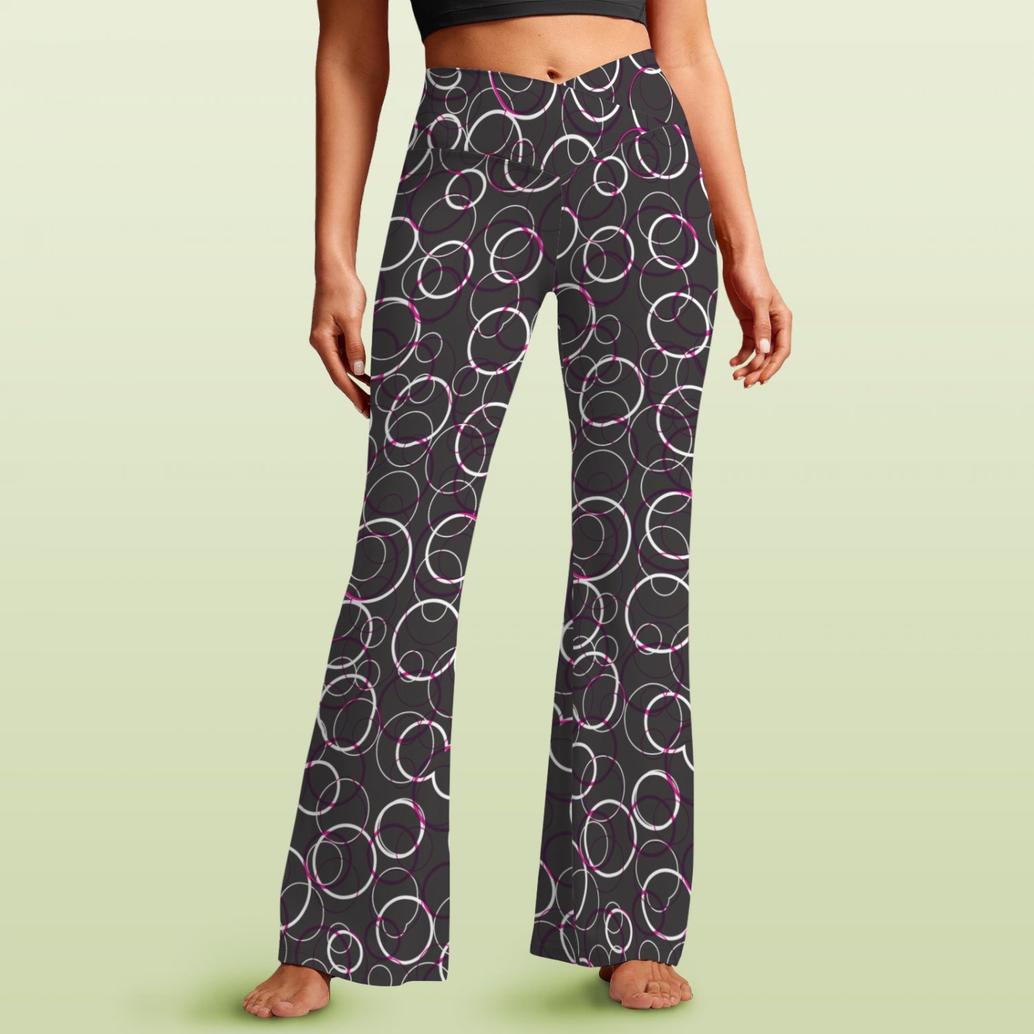 Women's V-Crossover High Waisted Flare Leggings, Black Circle Abstract Pattern