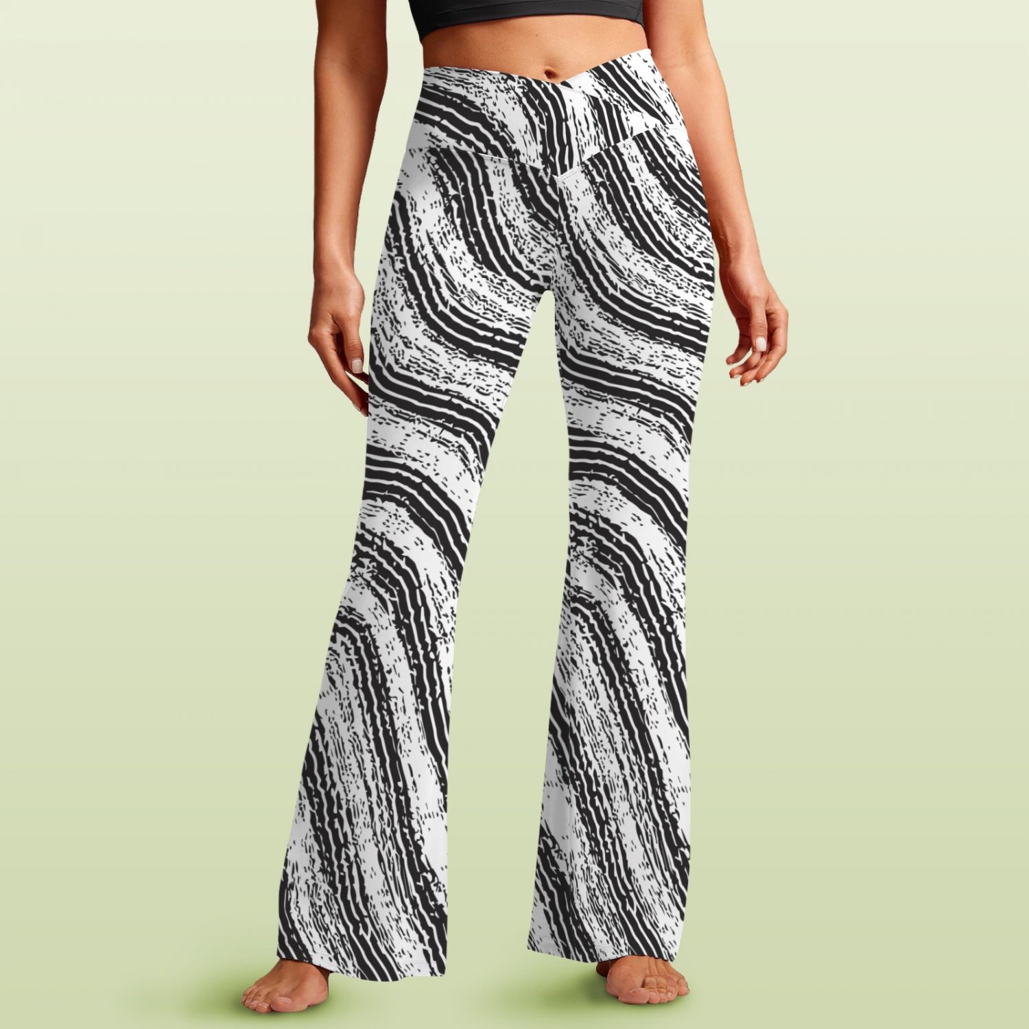 Women's V-Crossover High Waisted Flare Leggings, Monochrome Wavy Stripes Pattern