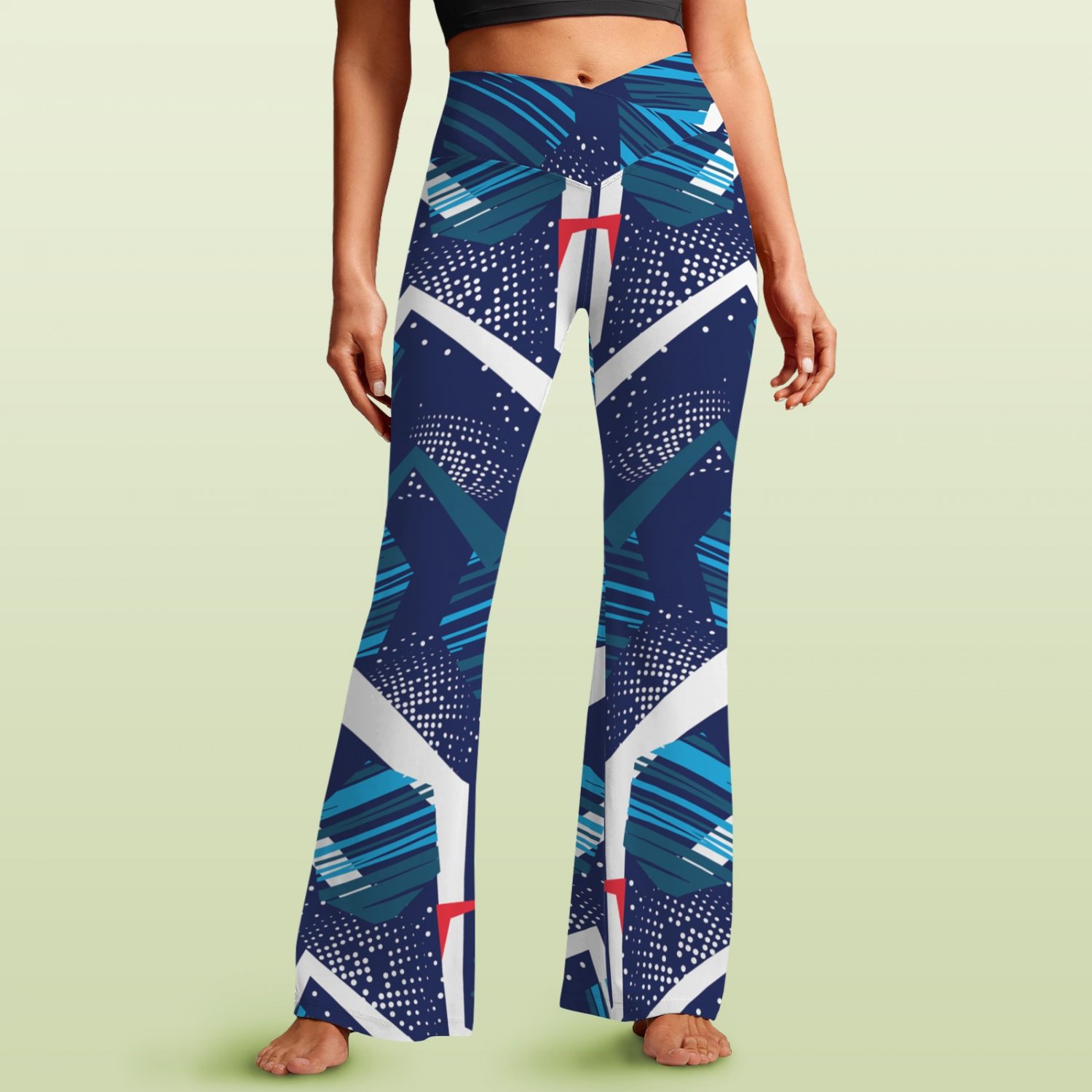 Women's V-Crossover High Waisted Flare Leggings, Navy Futuristic Graphic Print