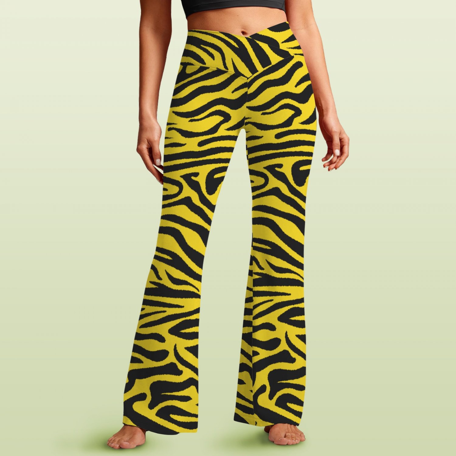 Women's V-Crossover High Waisted Flare Leggings, Black Yellow Tiger Pattern
