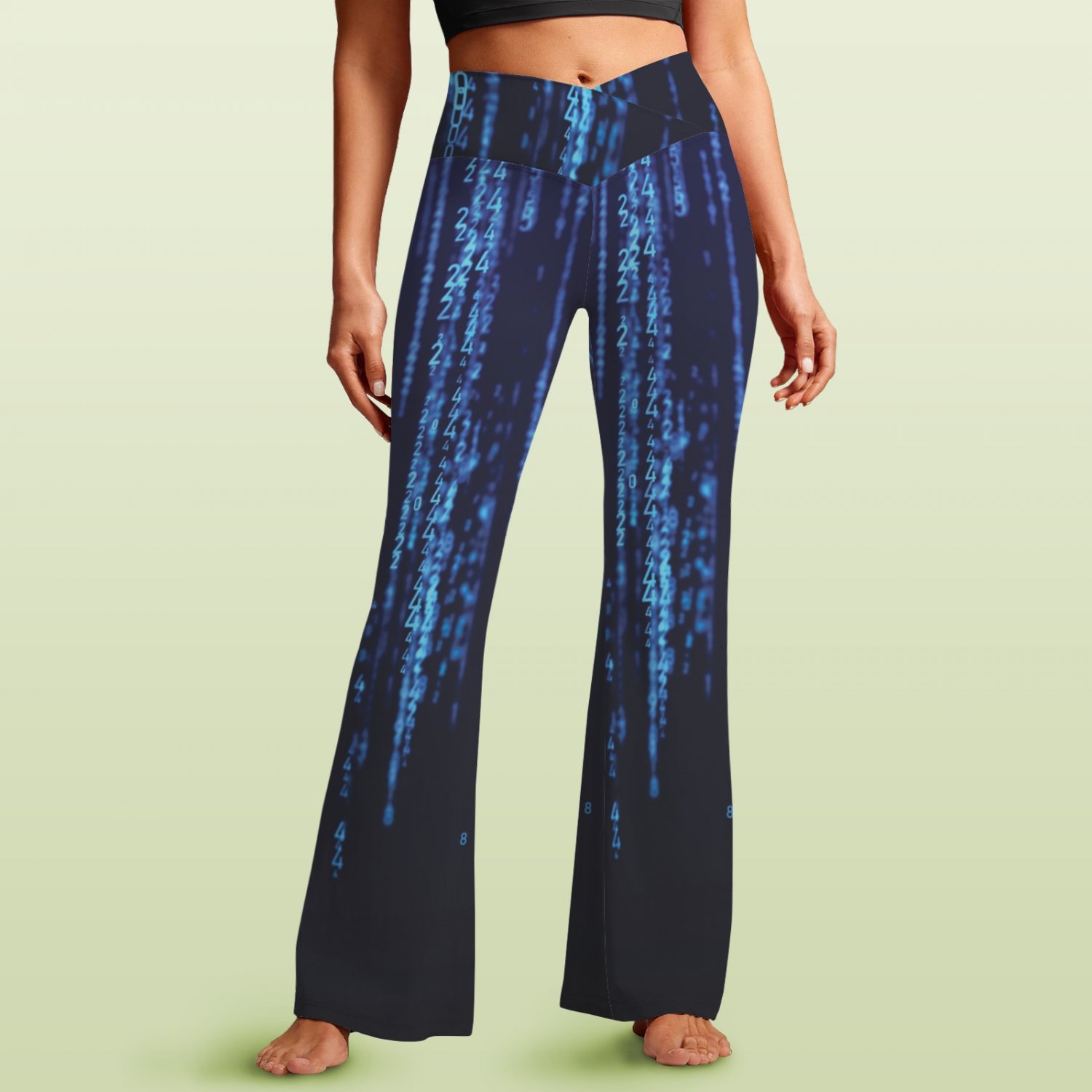 Women's V-Crossover High Waisted Flare Leggings, Blue Matrix Raining Code Pattern