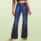 Women's V-Crossover High Waisted Flare Leggings, Blue Matrix Raining Code Pattern