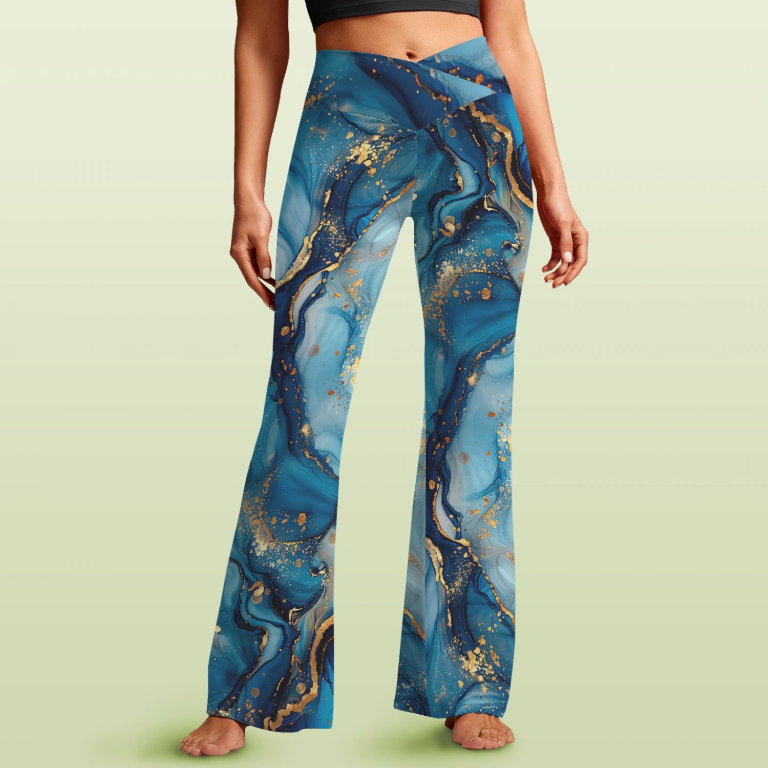 Women's V-Crossover High Waisted Flare Leggings, Blue Marble Gold Tone
