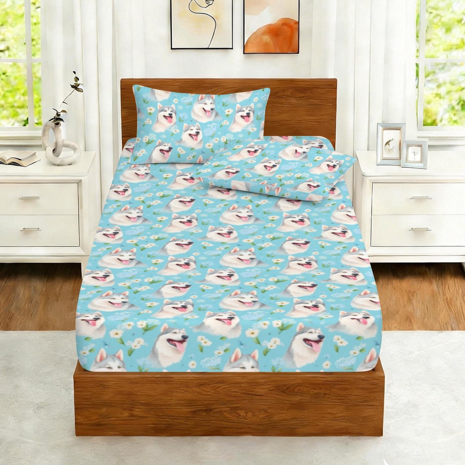 Husky Dog Lover TWIN Bedding Set (Fitted Sheet + 2 pcs Pillowcases) | Ships from USA