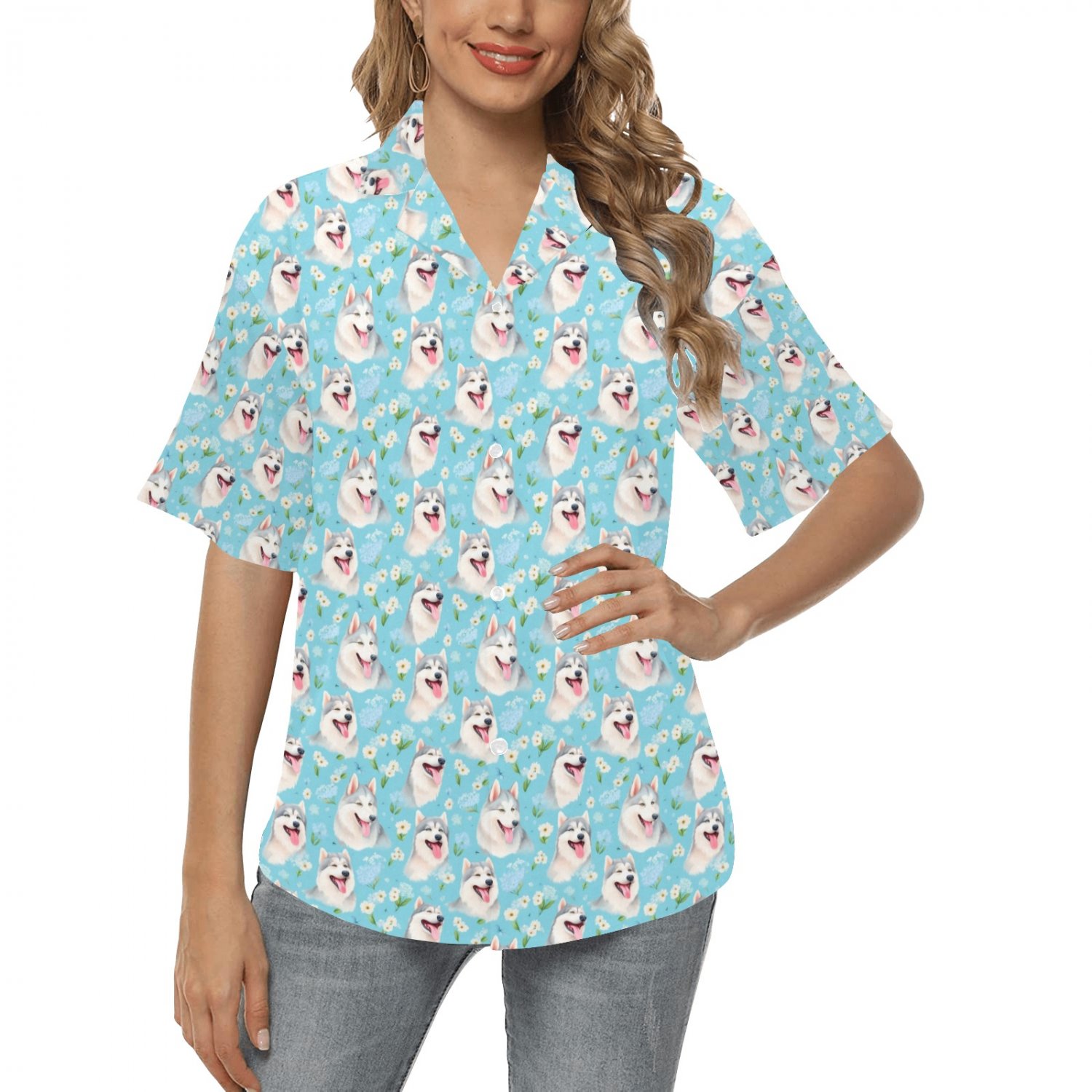 Women's Husky Dog Lover Hawaiian Shirt (Size 2XS-5XL)