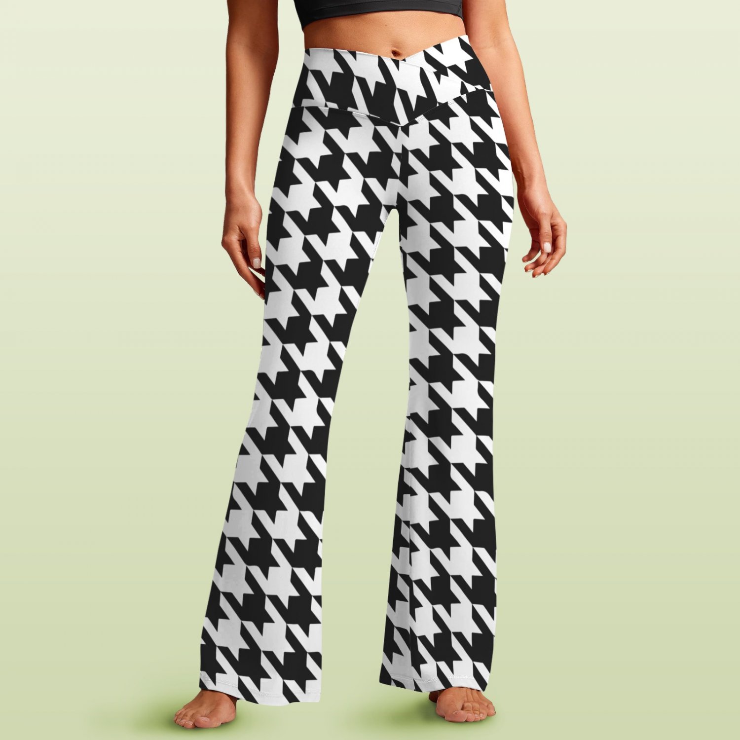Women's V-Crossover High Waisted Flare Leggings, Houndstooth Pattern