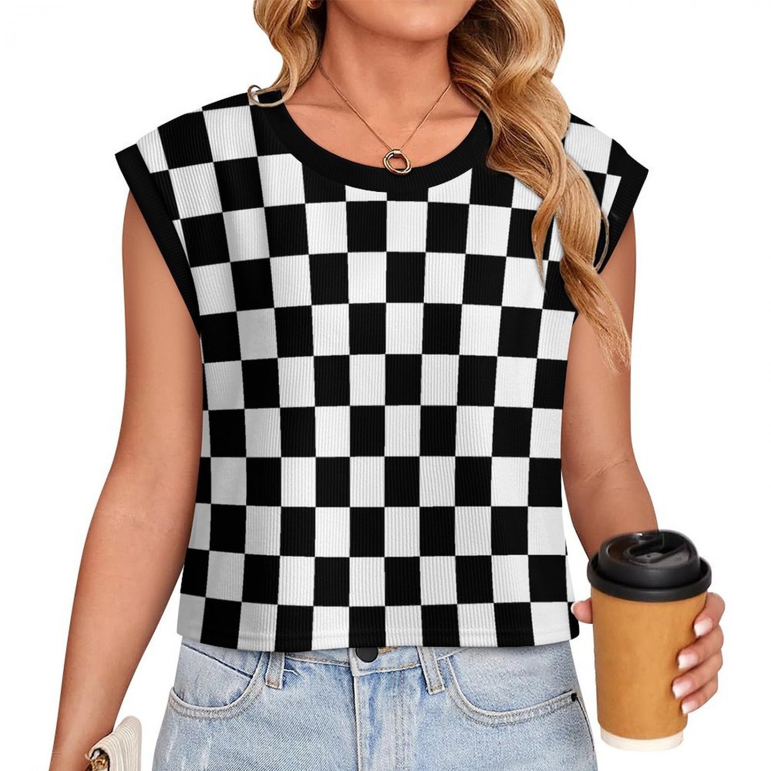 Women's Knitted Vest, Black White Checkerboard