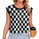 Women's Knitted Vest, Black White Checkerboard