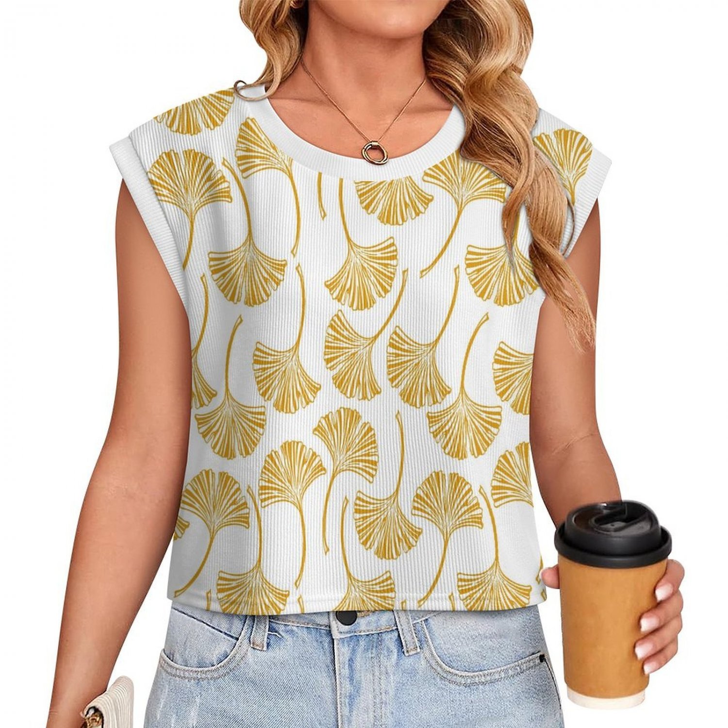 Women's Knitted Vest, Golden Ginkgo Biloba Pattern