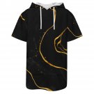Men’s Short Sleeve Drawstring Front Pocket Hoodie, Black Marble Gold Lines Graphic Print