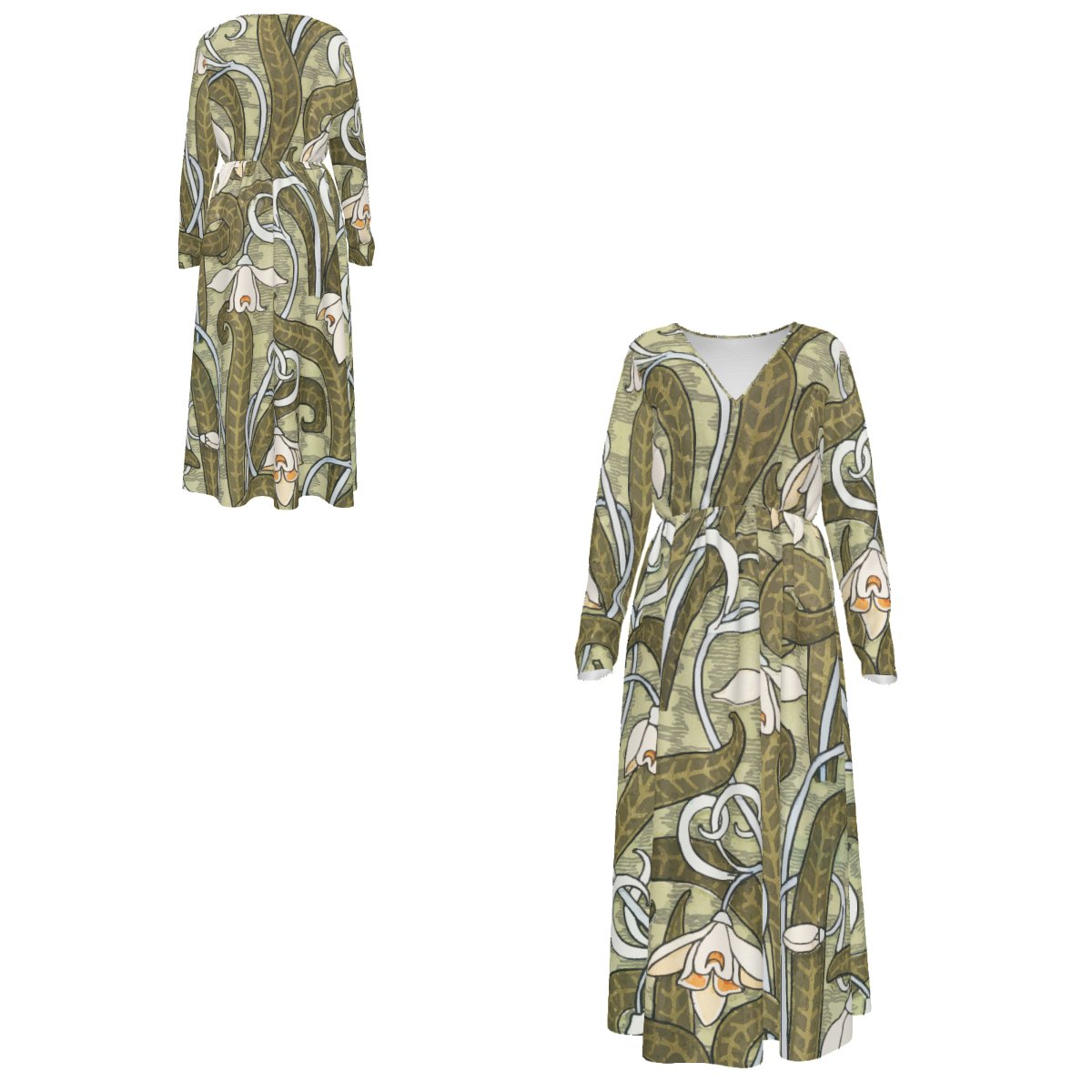 Women's Long-sleeved V-neck Dress, Slub Linen Fabric, Art Nouveau Print