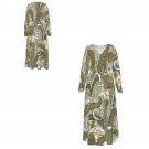 Women's Long-sleeved V-neck Dress, Slub Linen Fabric, Art Nouveau Print