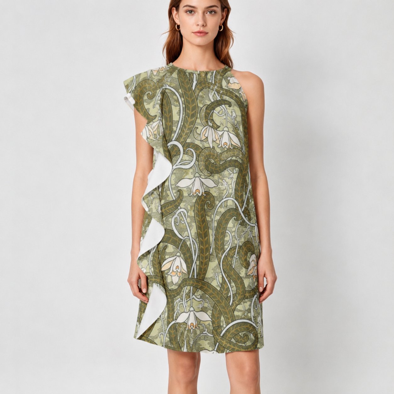 Women's Right-side Ruffle Sleeve Dress, Stray Hemp Materials, Art Nouveau Print