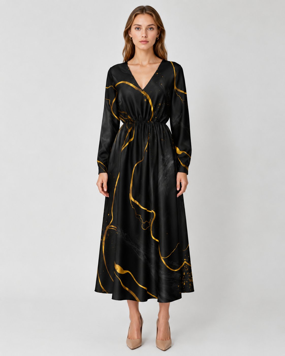 Women's Long-sleeved V-neck Dress, Slub Linen Fabric, Black Marble Print