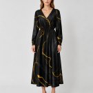 Women's Long-sleeved V-neck Dress, Slub Linen Fabric, Black Marble Print