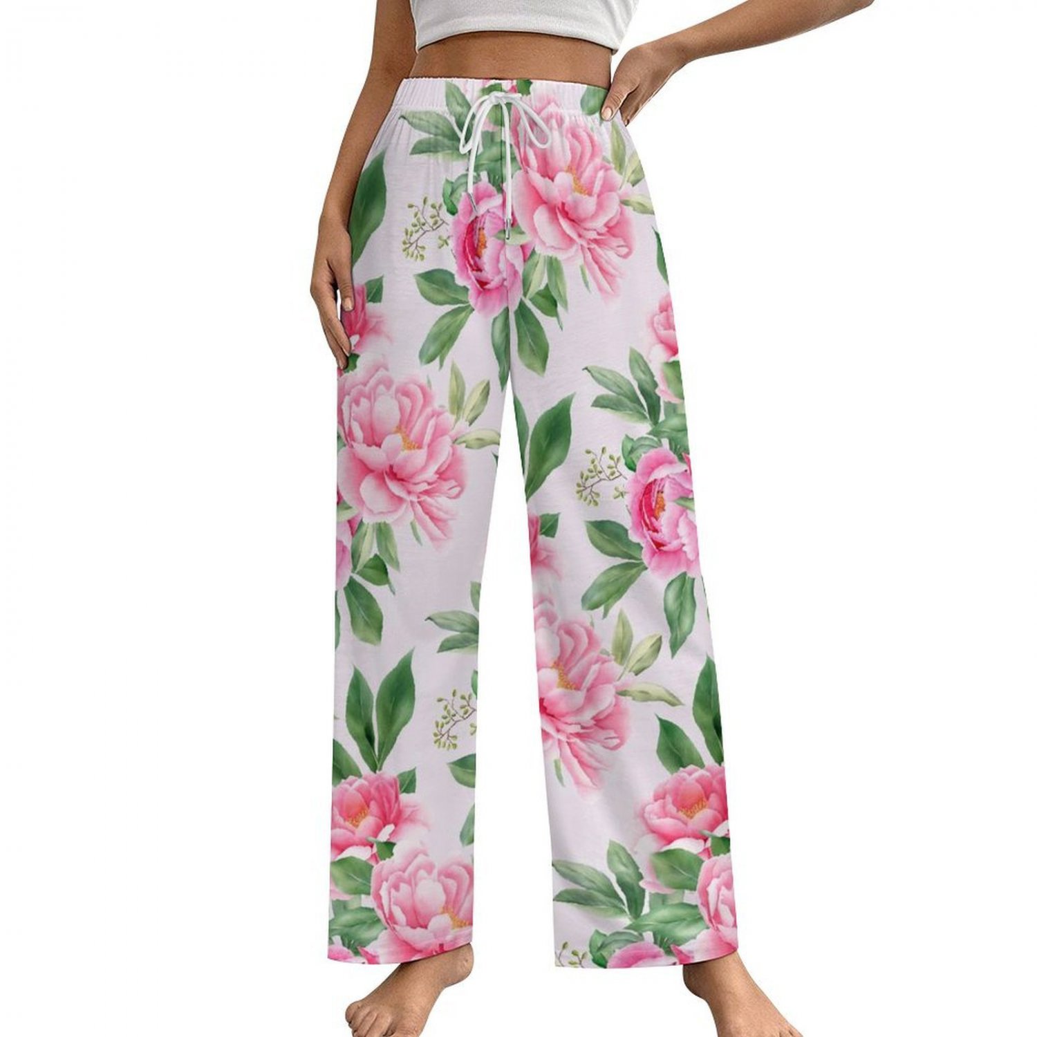 All-Over Print Women's Cotton Pajama Pants, Pink Peony Floral Flower