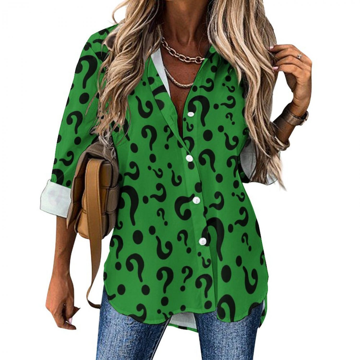 All Over Print Cotton Women's Long Sleeve Irregular Hem Shirt, Green Riddler Questions