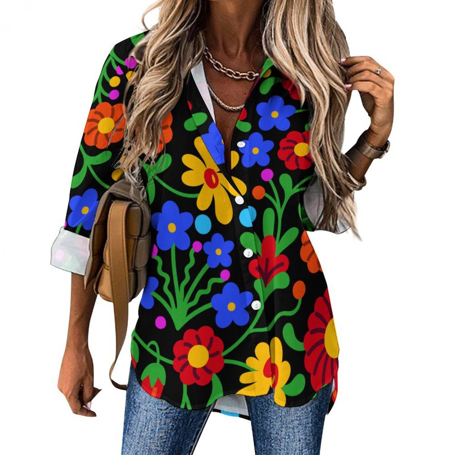 All Over Print Cotton Women's Long Sleeve Irregular Hem Shirt, Multicolor Floral Flower