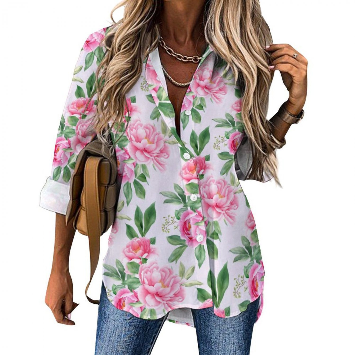All Over Print Cotton Women's Long Sleeve Irregular Hem Shirt, Pink Peony Floral Flower