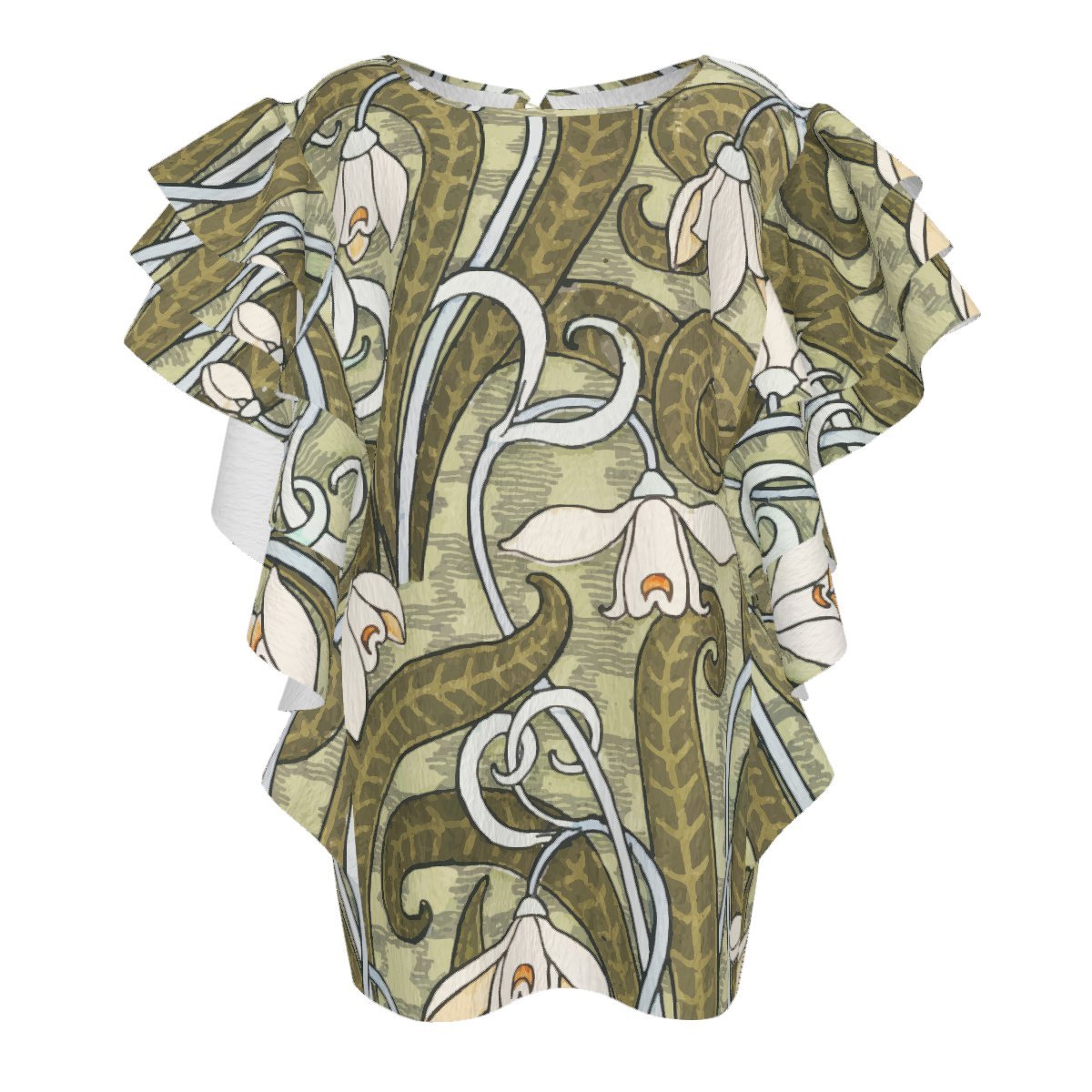 Women's Crew Neck Ruffle Short Sleeve Shirt, Art Nouveau Pattern