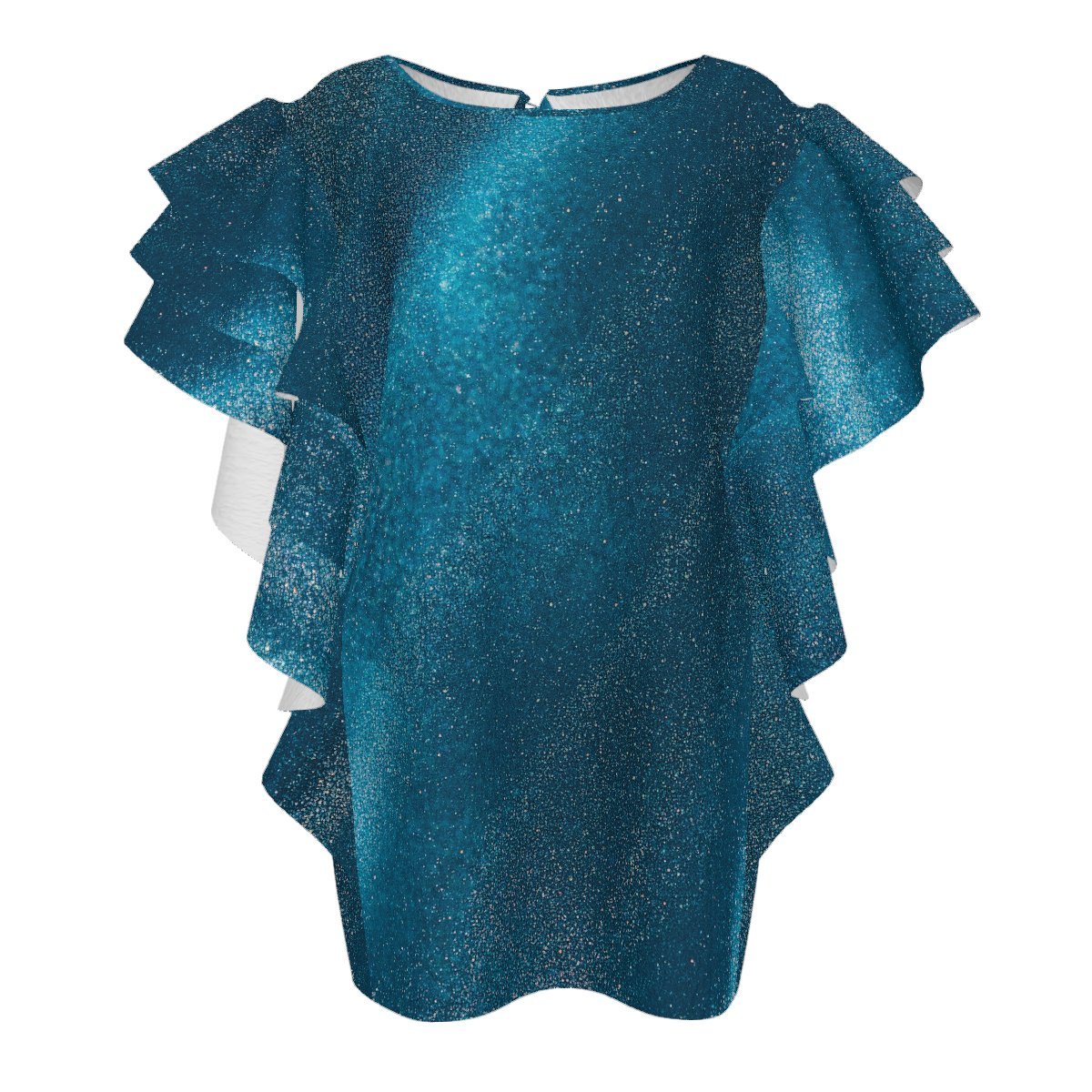 Women's Crew Neck Ruffle Short Sleeve Shirt, Tosca Galaxy Cosmic Print