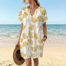 Women's Casual V-Neck Dress, Gold Ginkgo Biloba Pattern