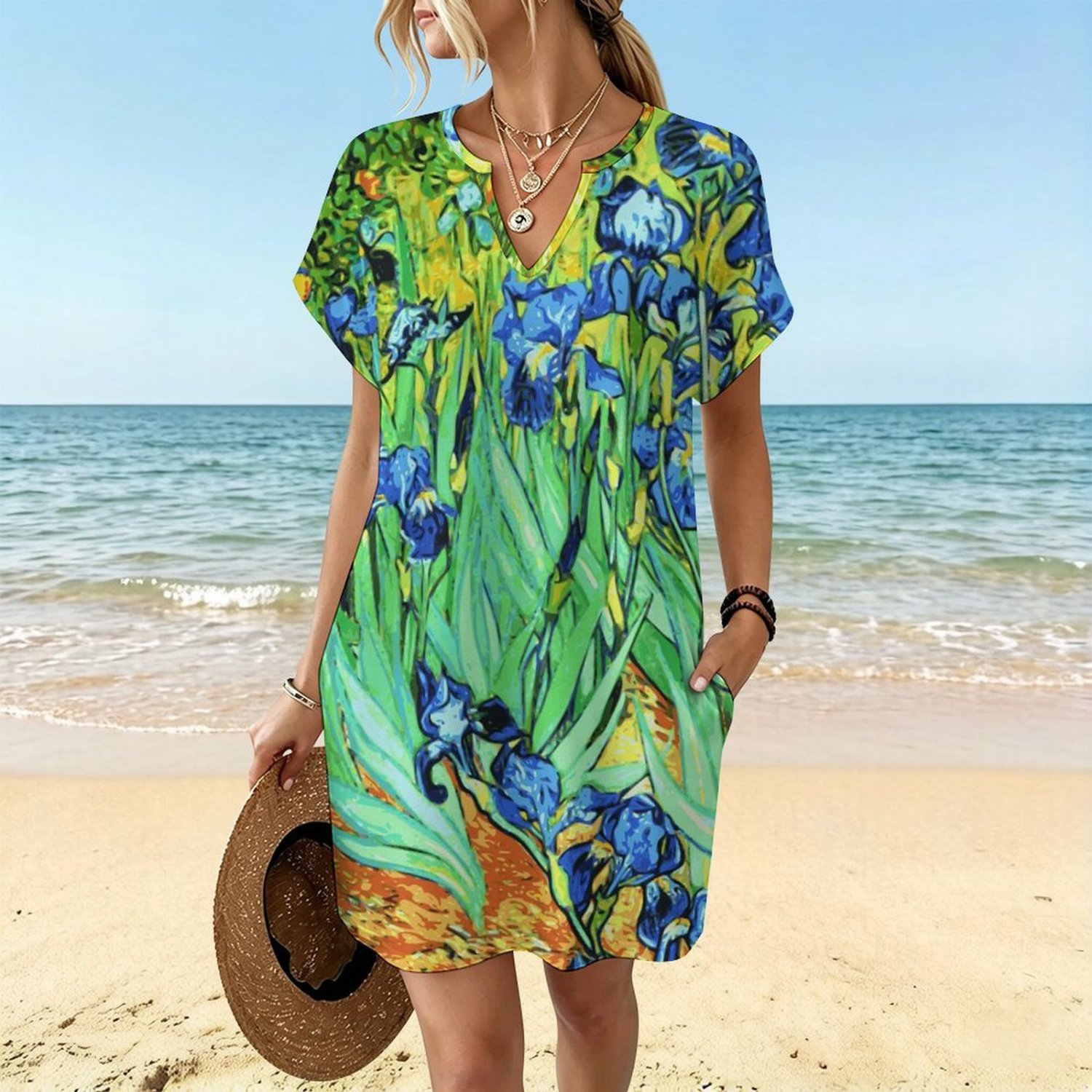 Women's Casual V-Neck Dress, Van Gogh Irises Art