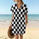 Women's Casual V-Neck Dress, Black White Checkerboard
