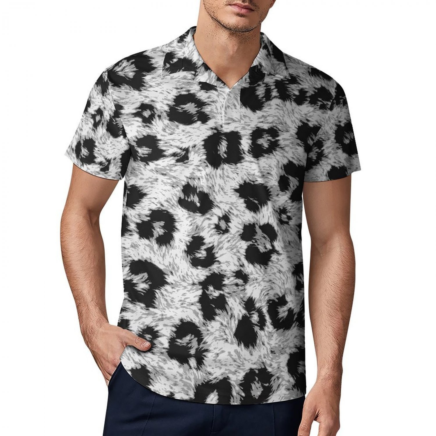 Men's Premium Ice Silk Polo Shirt, Rosette Leopard Spots Monochrome