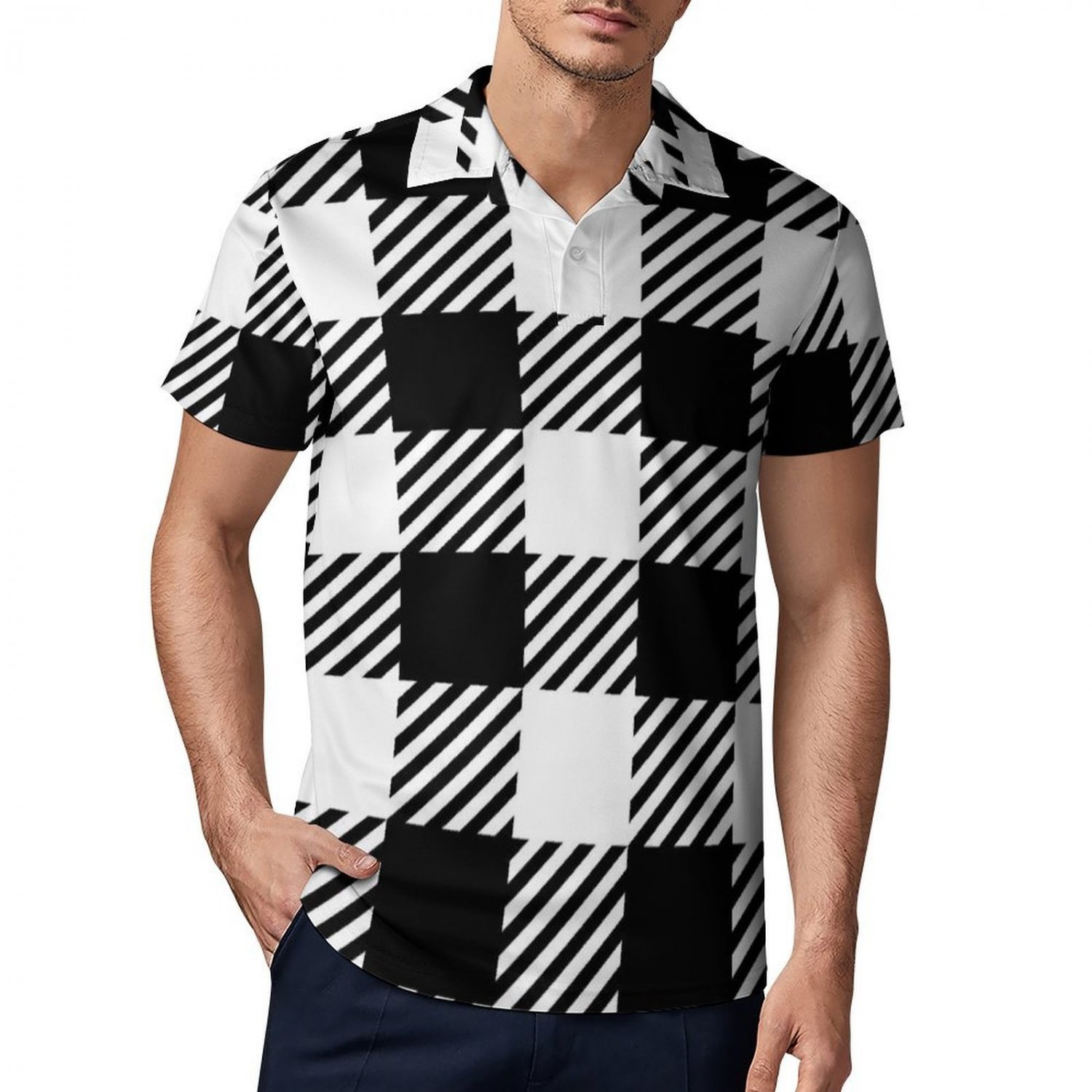 Men's Premium Ice Silk Polo Shirt, Black White Plaid Pattern