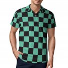 Men's Premium Ice Silk Polo Shirt, Checkered Black Green Anime Style