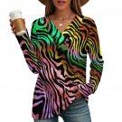 Women's Cross V Neck Button Long Sleeve Top, Rainbow Tiger Skin Pattern