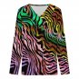 Women's Cross V Neck Button Long Sleeve Top, Rainbow Tiger Skin Pattern