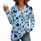 Women's Cross V Neck Button Long Sleeve Top, Blue Terrazzo Pattern