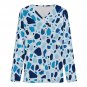Women's Cross V Neck Button Long Sleeve Top, Blue Terrazzo Pattern