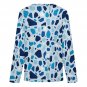 Women's Cross V Neck Button Long Sleeve Top, Blue Terrazzo Pattern