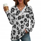 Women's Cross V Neck Button Long Sleeve Top, Monochrome Rosette Leopard Spots